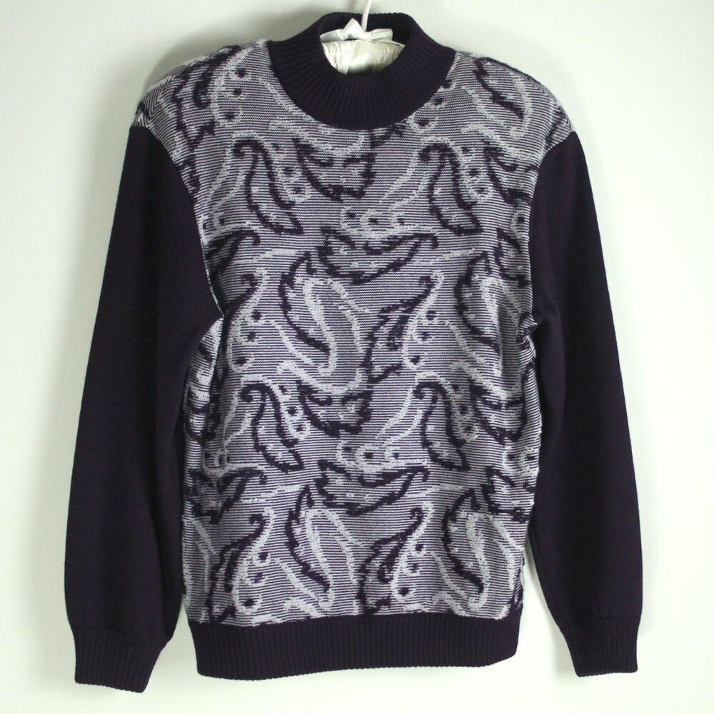 St. John Collection Wool Blend Mock Neck Plum Purple Paisley Knit Sweater S